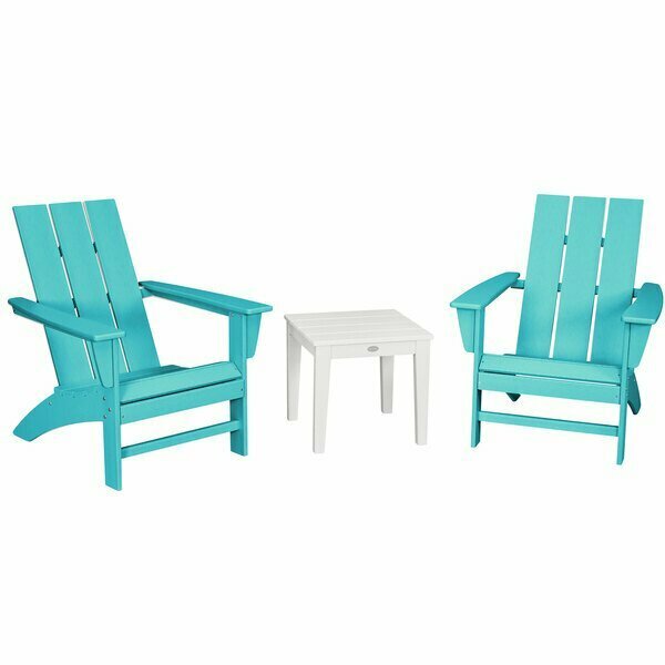 Polywood Modern Aruba / White 3-Piece Adirondack Chair Set with Newport Table 633PWS502446